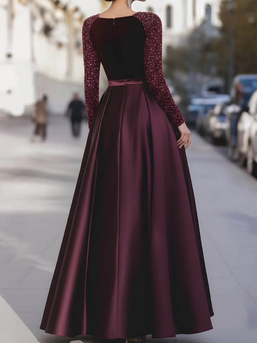 Muse & Valeur | Velvet Sequin Sleeve Gown With Satin Skirt