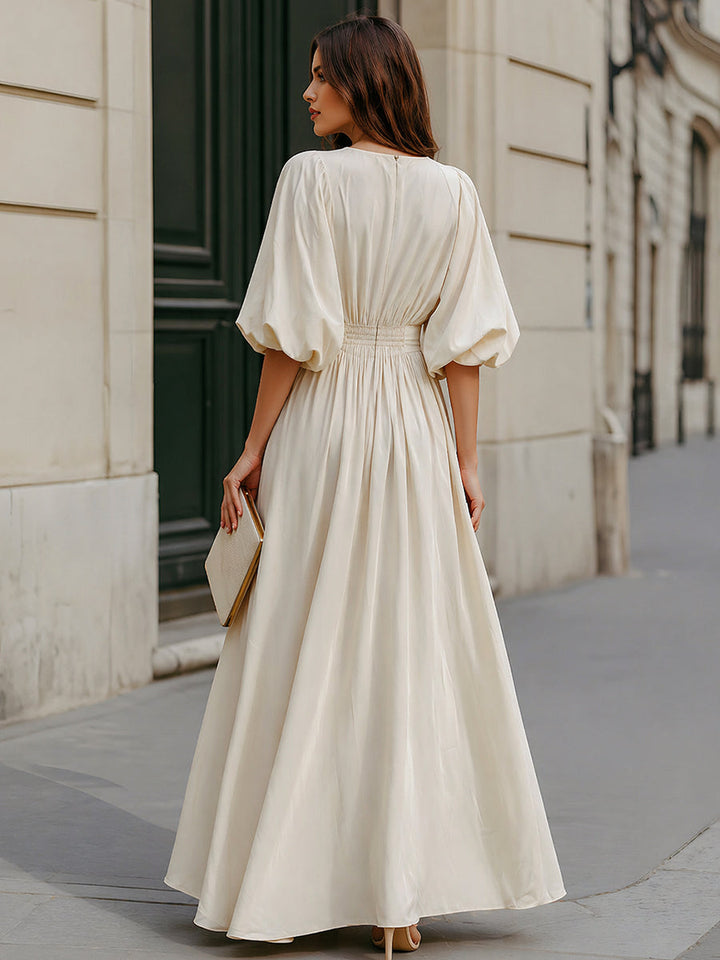 Muse & Valeur | Round Neck Puff Sleeve Gathered Waist Maxi Dress