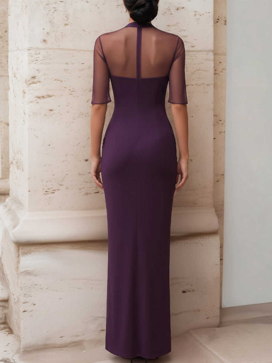Muse & Valeur | Sheer Sleeve Draped Ruched High-Slit Maxi Dress