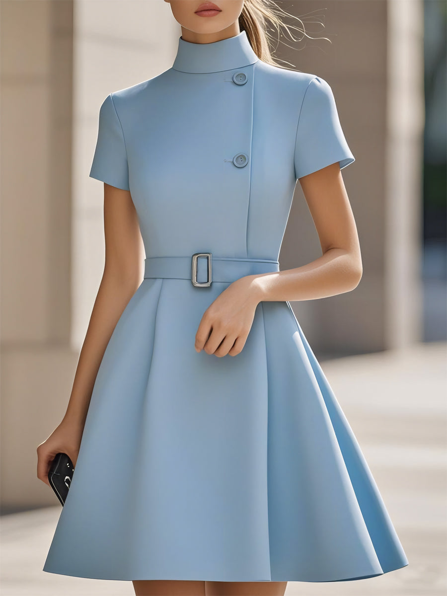 Muse & Valeur | Elegant Black High-Neck Dress with Belted Waist