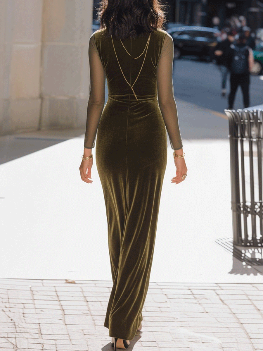 Muse & Valeur | Olive Velvet Gown With Sheer Sleeves