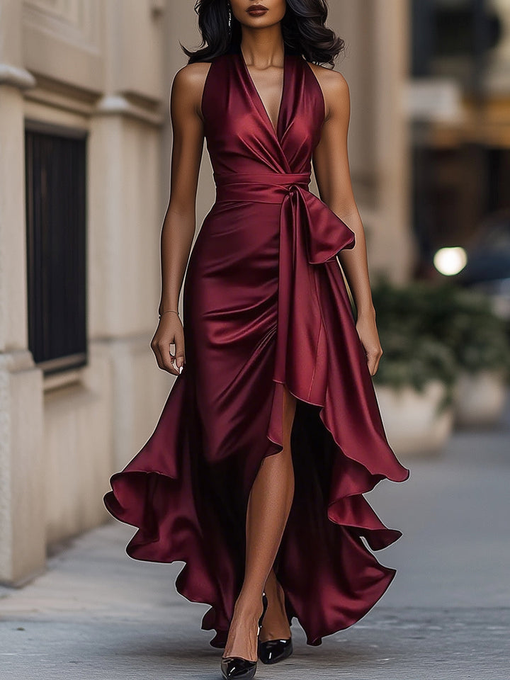 Muse & Valeur | Midnight Elegance Satin Halter Ruffle Gown