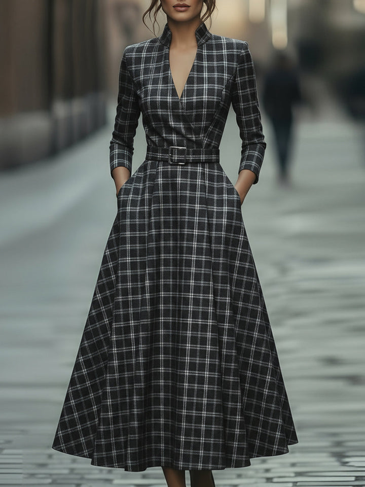Muse & Valeur | Plaid Check Belted Dress With V-Neckline