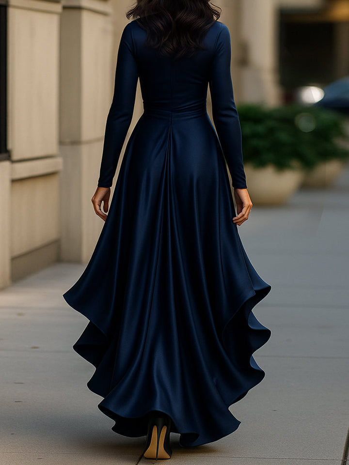 Muse & Valeur | Midnight Blue Draped Satin Maxi Dress With Ruffle Details