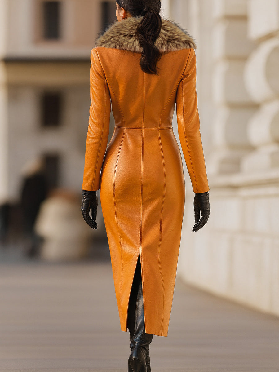 Muse & Valeur | Orange Faux Leather Maxi Dress With Luxurious Fur Collar
