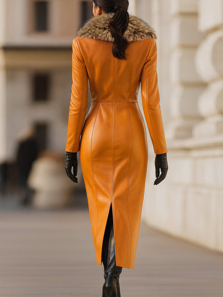 Muse & Valeur | Orange Faux Leather Maxi Dress With Luxurious Fur Collar