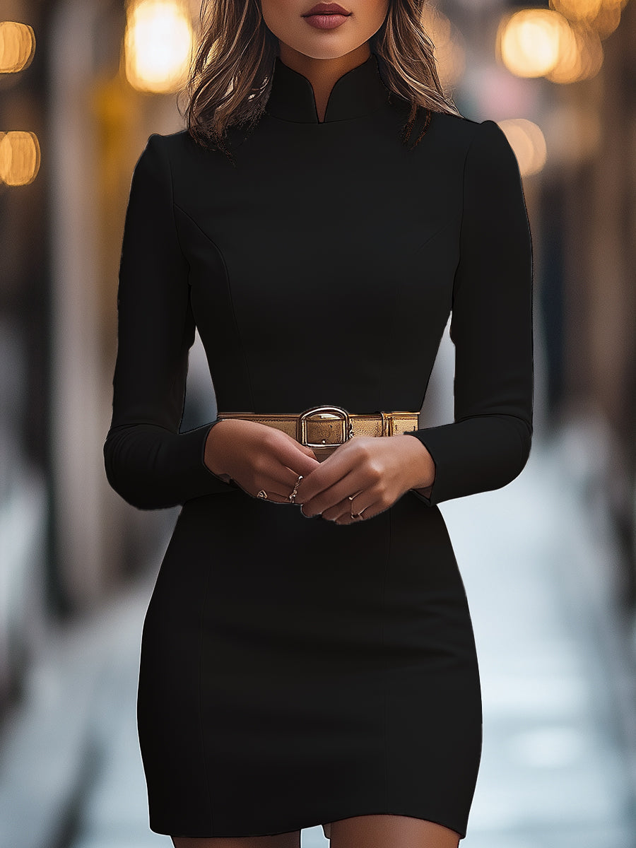 Muse & Valeur | Elegant White Mandarin Collar Dress with Belt Design