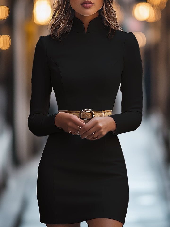 Muse & Valeur | Elegant White Mandarin Collar Dress with Belt Design