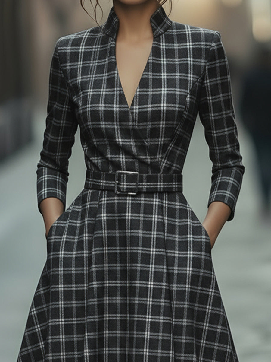 Muse & Valeur | Plaid Check Belted Dress With V-Neckline