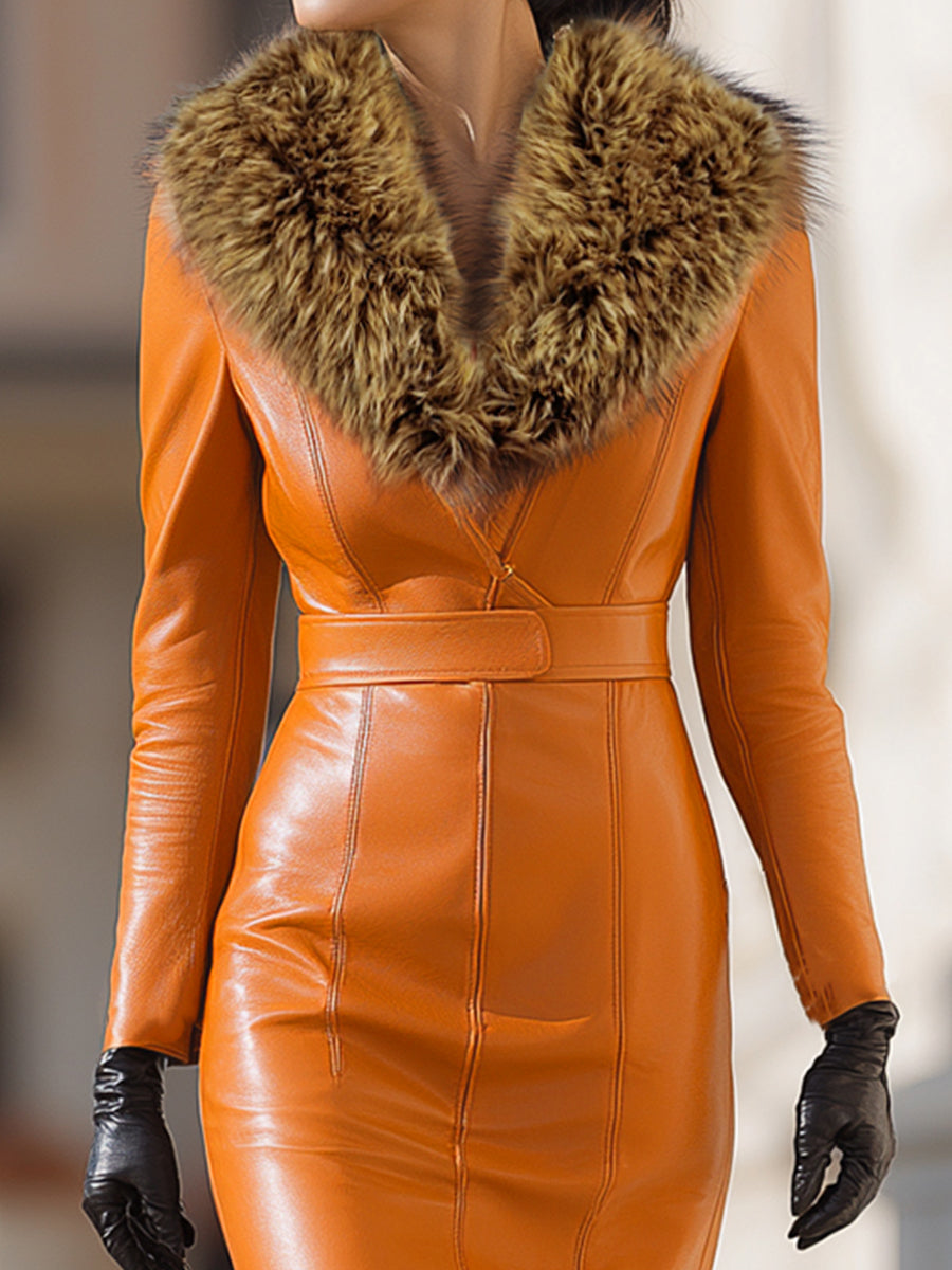 Muse & Valeur | Orange Faux Leather Maxi Dress With Luxurious Fur Collar