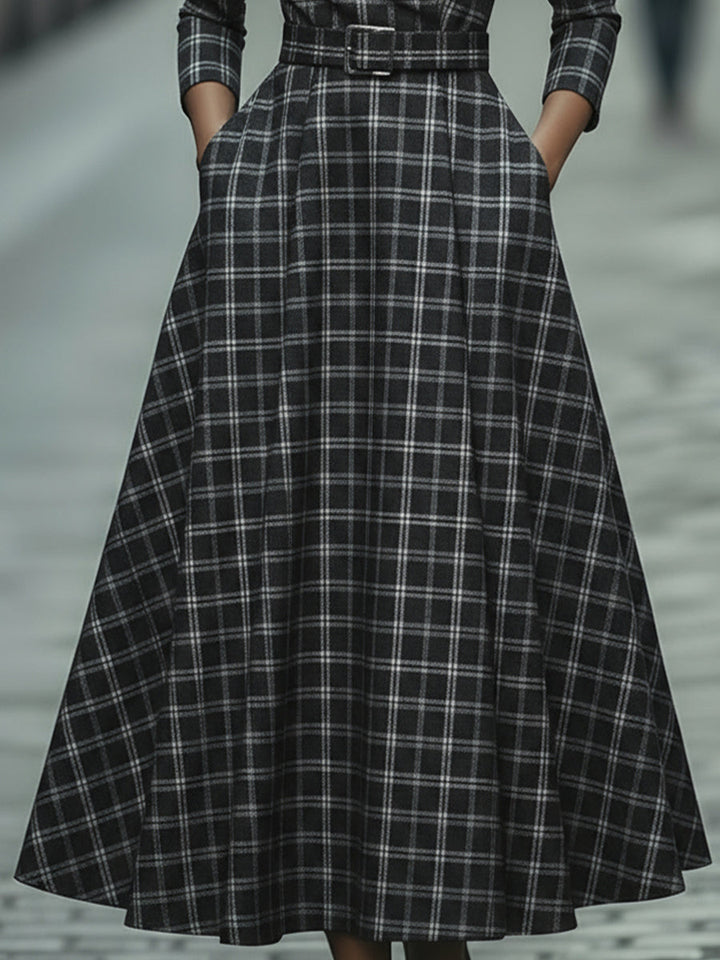 Muse & Valeur | Plaid Check Belted Dress With V-Neckline