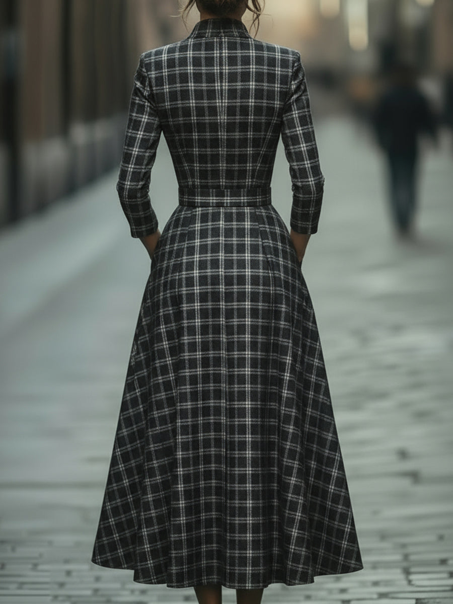 Muse & Valeur | Plaid Check Belted Dress With V-Neckline
