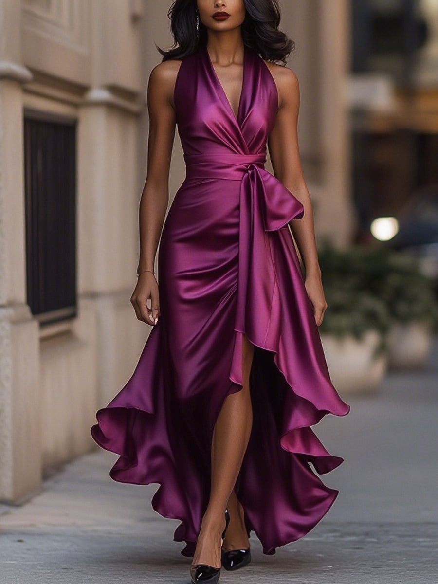 Muse & Valeur | Midnight Elegance Satin Halter Ruffle Gown