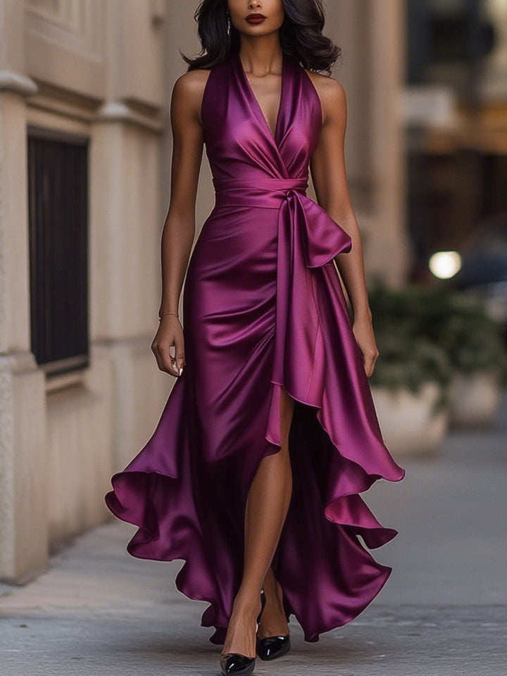 Muse & Valeur | Midnight Elegance Satin Halter Ruffle Gown