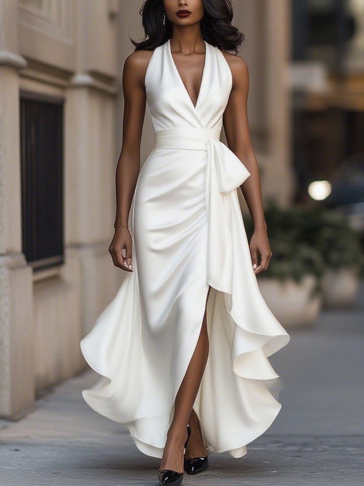 Muse & Valeur | Midnight Elegance Satin Halter Ruffle Gown