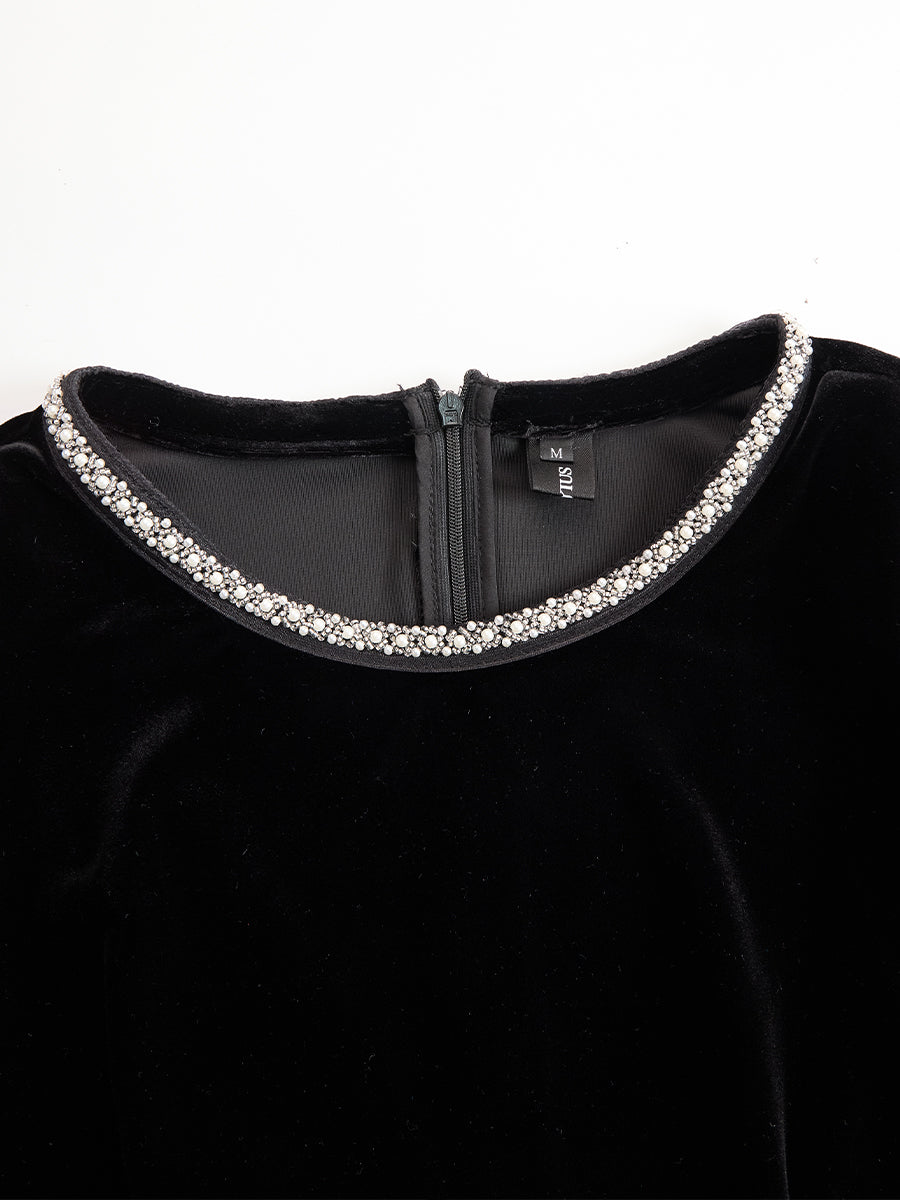 Muse & Valeur | Elegant Velvet Mini Dress With Embellished Neckline And Floral Cuff Detail