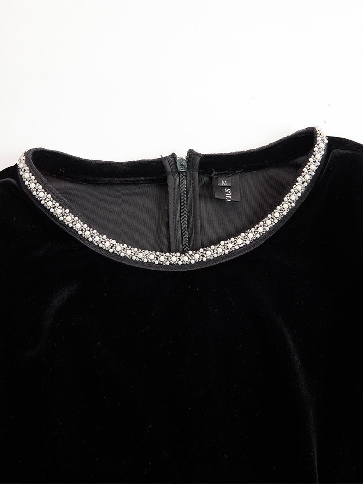 Muse & Valeur | Elegant Velvet Mini Dress With Embellished Neckline And Floral Cuff Detail