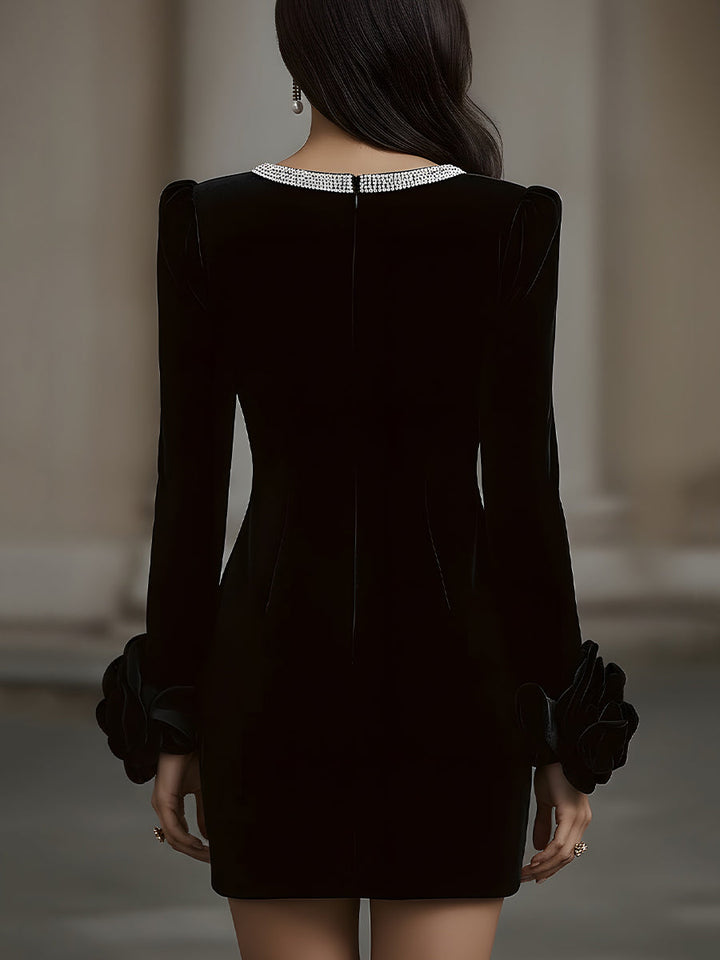 Muse & Valeur | Elegant Velvet Mini Dress With Embellished Neckline And Floral Cuff Detail