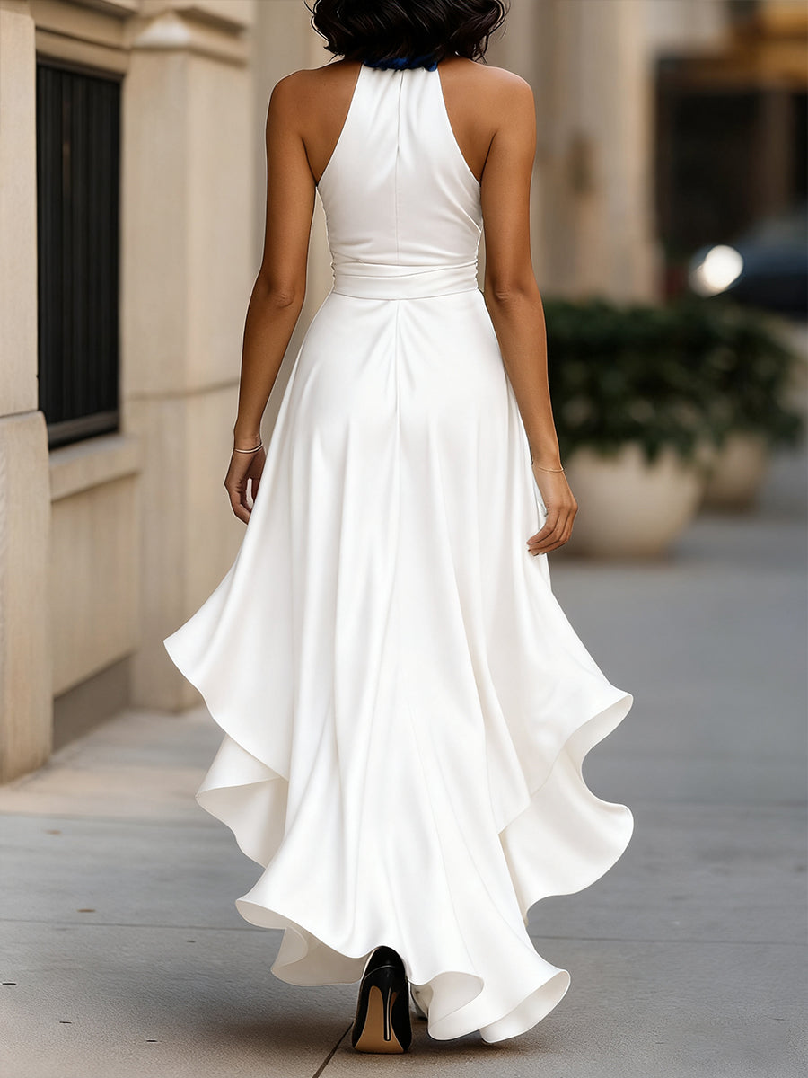 Muse & Valeur | Midnight Elegance Satin Halter Ruffle Gown