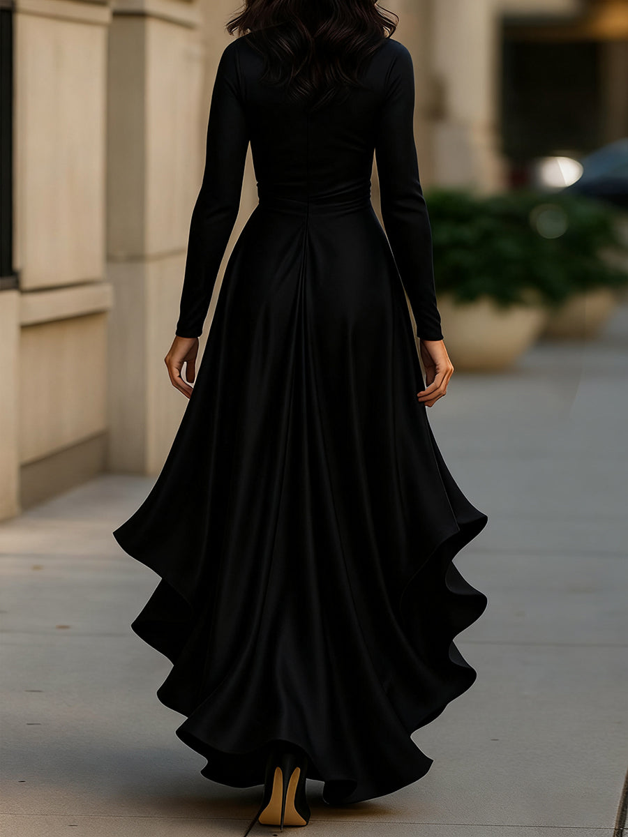 Muse & Valeur | Midnight Blue Draped Satin Maxi Dress With Ruffle Details