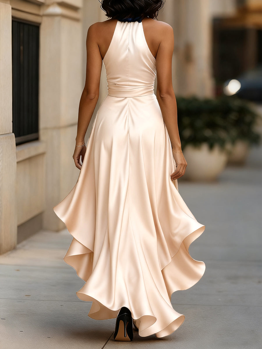Muse & Valeur | Midnight Elegance Satin Halter Ruffle Gown
