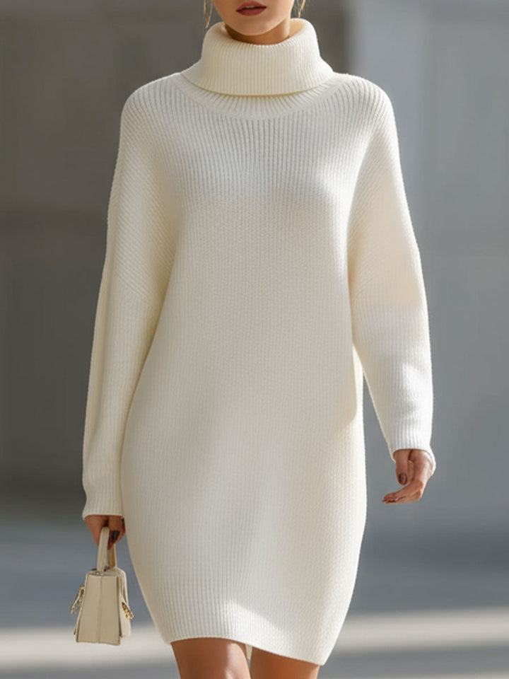 Muse & Valeur | Elegant Cream Turtleneck Ribbed Knit Sweater Dress
