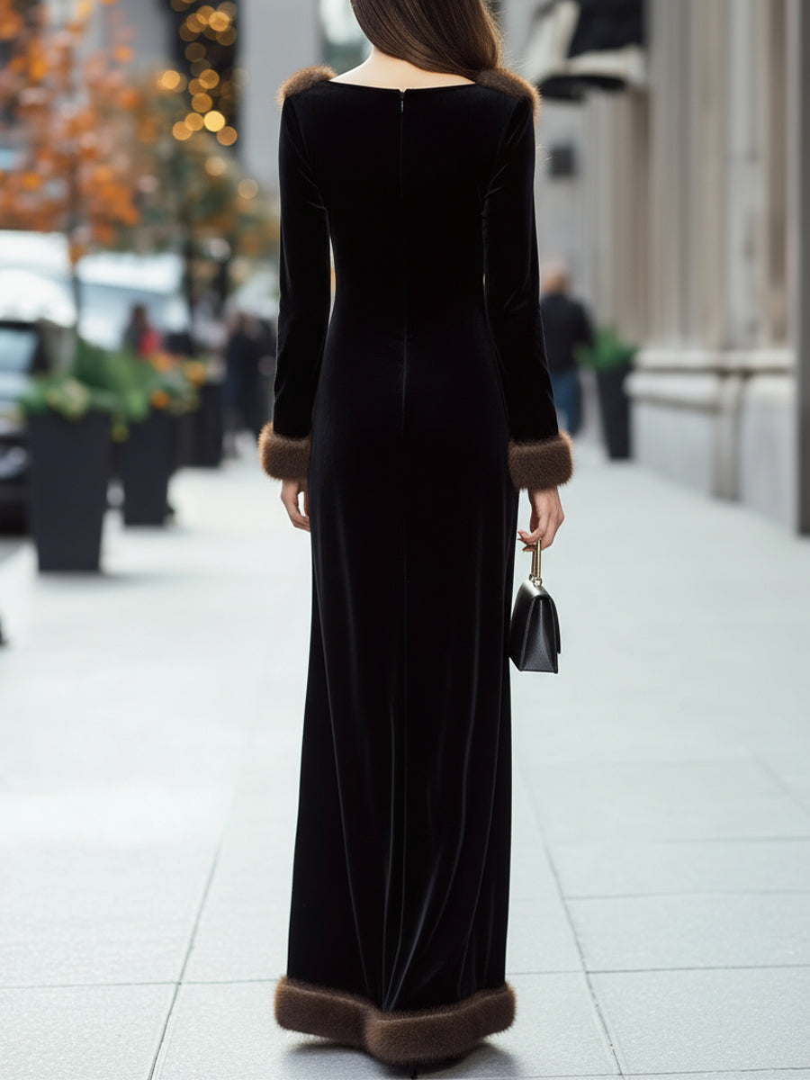Muse & Valeur | Luxurious Black Velvet Gown With Faux Fur Trim