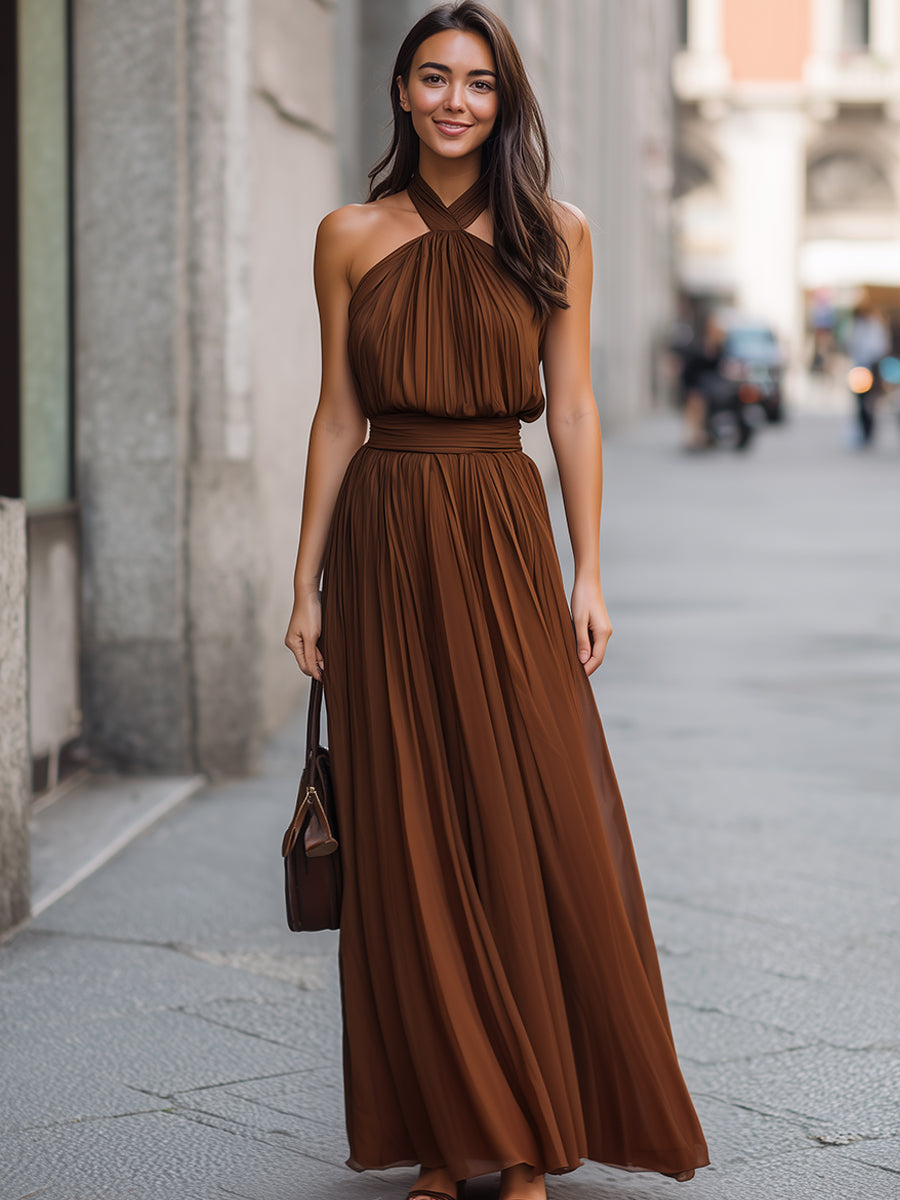 Muse & Valeur | Cross Halter Pleated Waist Flowing Maxi Dress