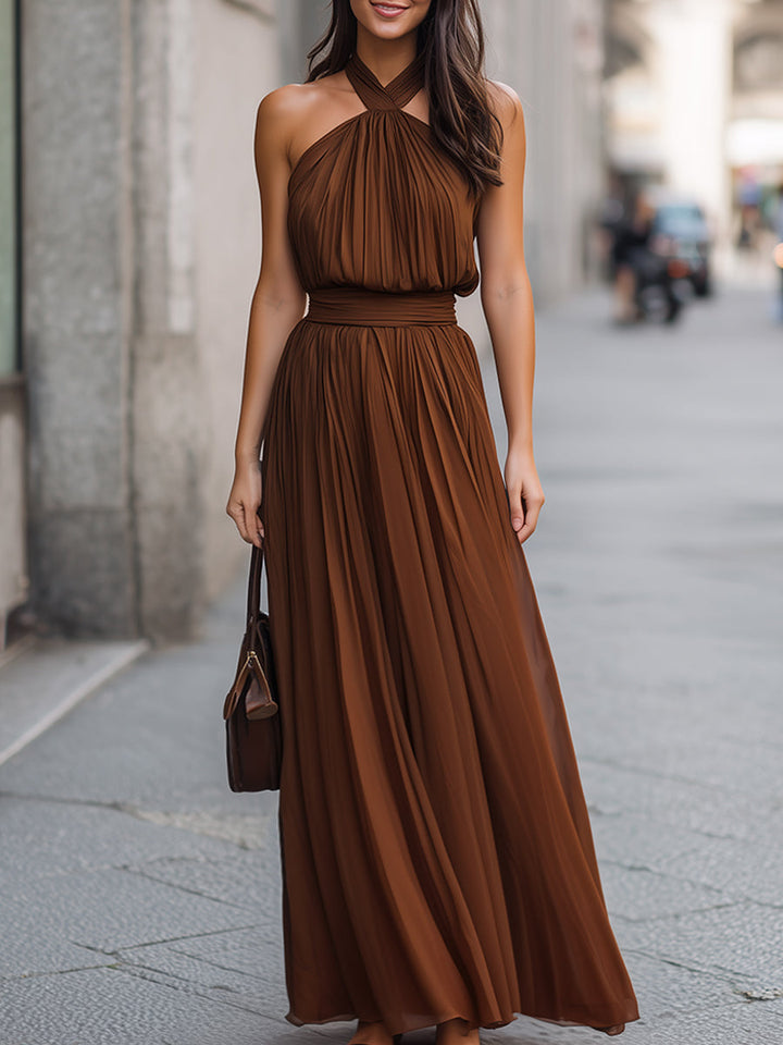 Muse & Valeur | Cross Halter Pleated Waist Flowing Maxi Dress