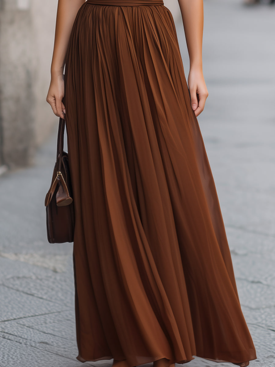 Muse & Valeur | Cross Halter Pleated Waist Flowing Maxi Dress