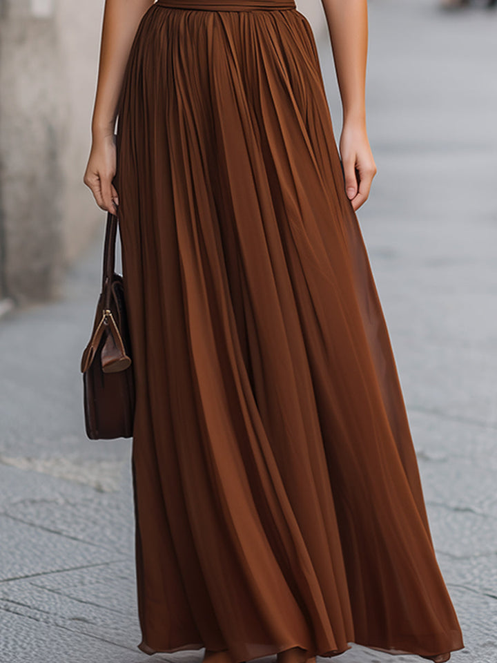 Muse & Valeur | Cross Halter Pleated Waist Flowing Maxi Dress