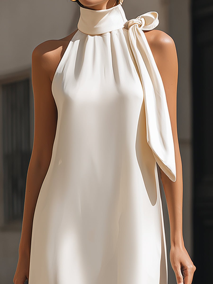 Muse & Valeur | Elegant Ivory Satin Halter Maxi Dress