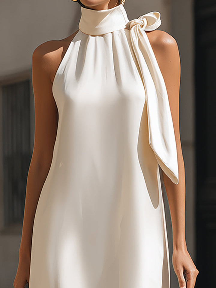 Muse & Valeur | Elegant Ivory Satin Halter Maxi Dress