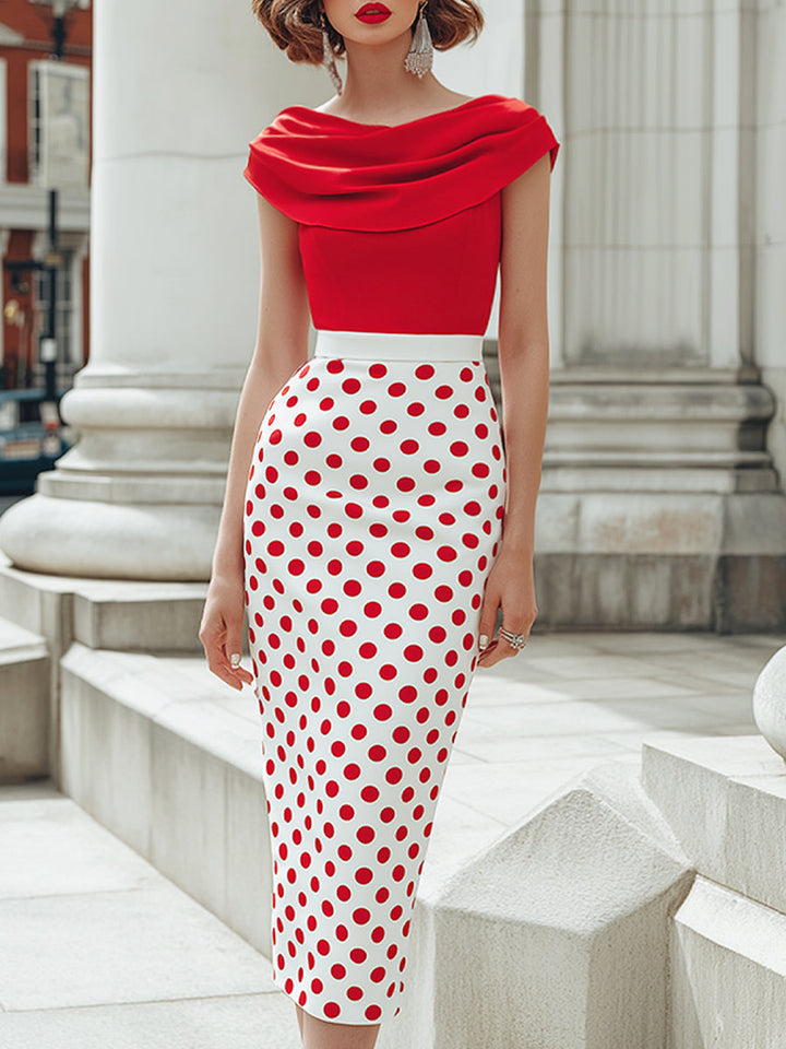 Muse & Valeur | Off-Shoulder Draped Bodice Polka Dot Pencil Midi Dress