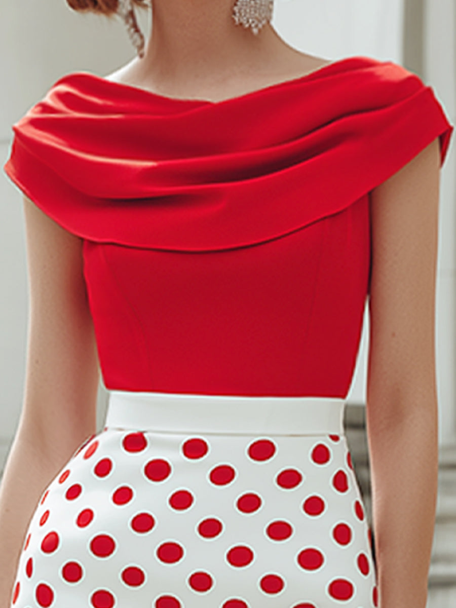 Muse & Valeur | Off-Shoulder Draped Bodice Polka Dot Pencil Midi Dress