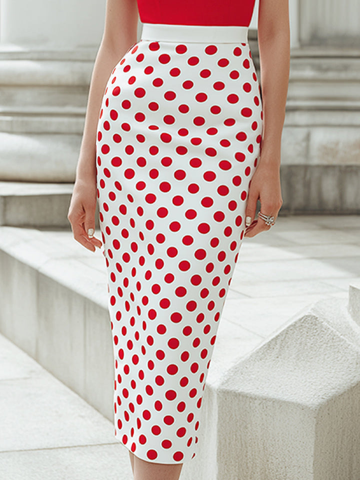 Muse & Valeur | Off-Shoulder Draped Bodice Polka Dot Pencil Midi Dress