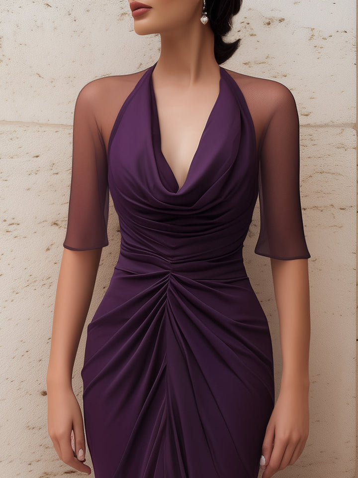 Muse & Valeur | Sheer Sleeve Draped Ruched High-Slit Maxi Dress