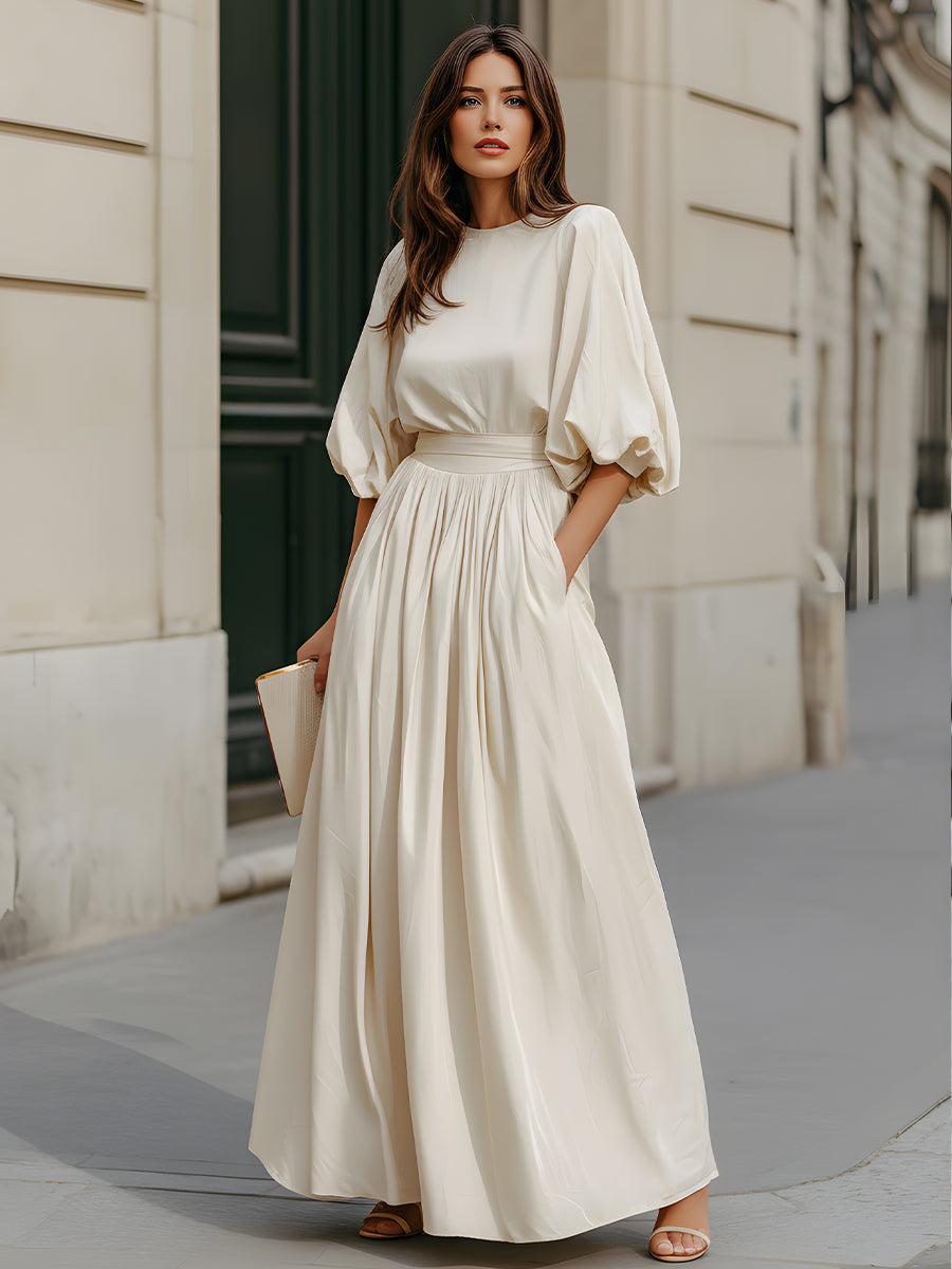 Muse & Valeur | Round Neck Puff Sleeve Gathered Waist Maxi Dress