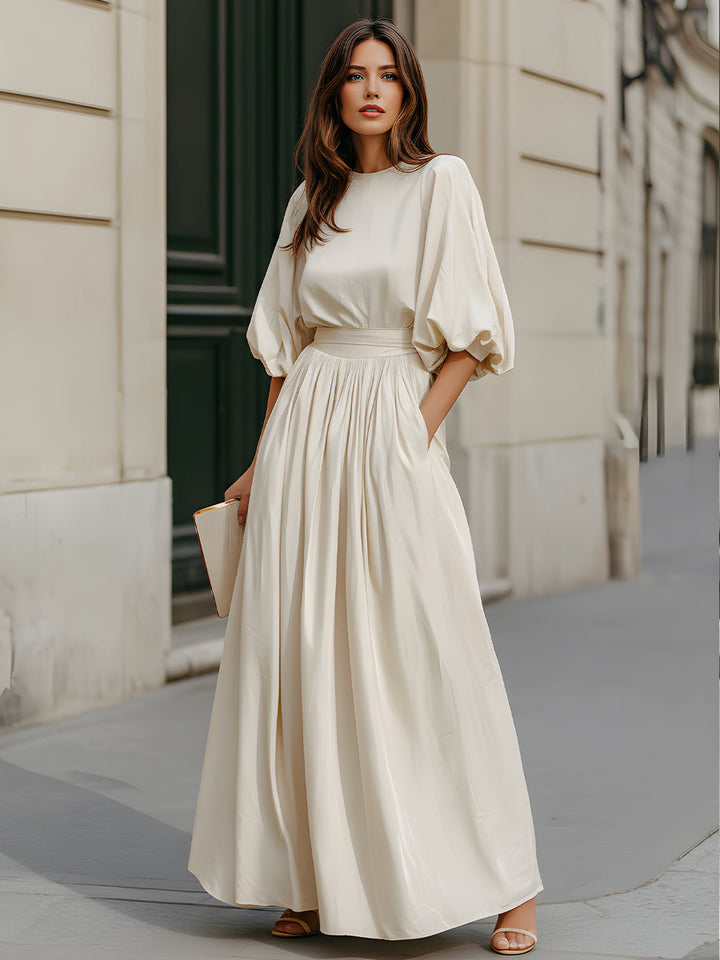 Muse & Valeur | Round Neck Puff Sleeve Gathered Waist Maxi Dress