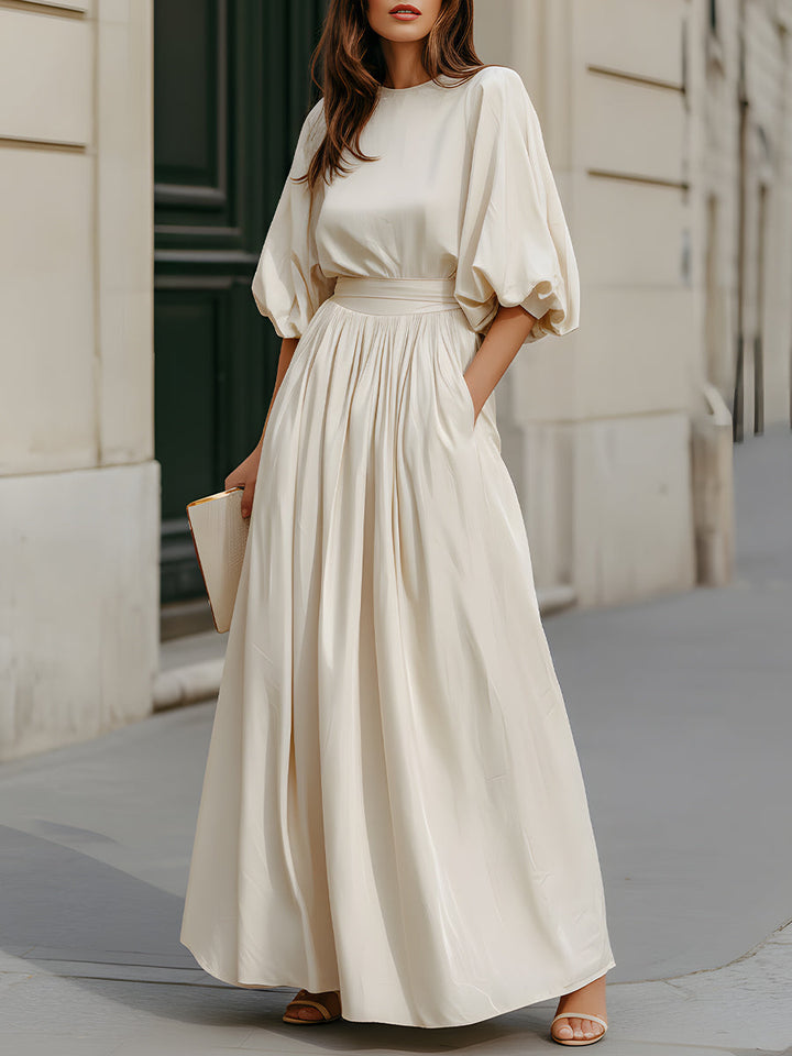 Muse & Valeur | Round Neck Puff Sleeve Gathered Waist Maxi Dress