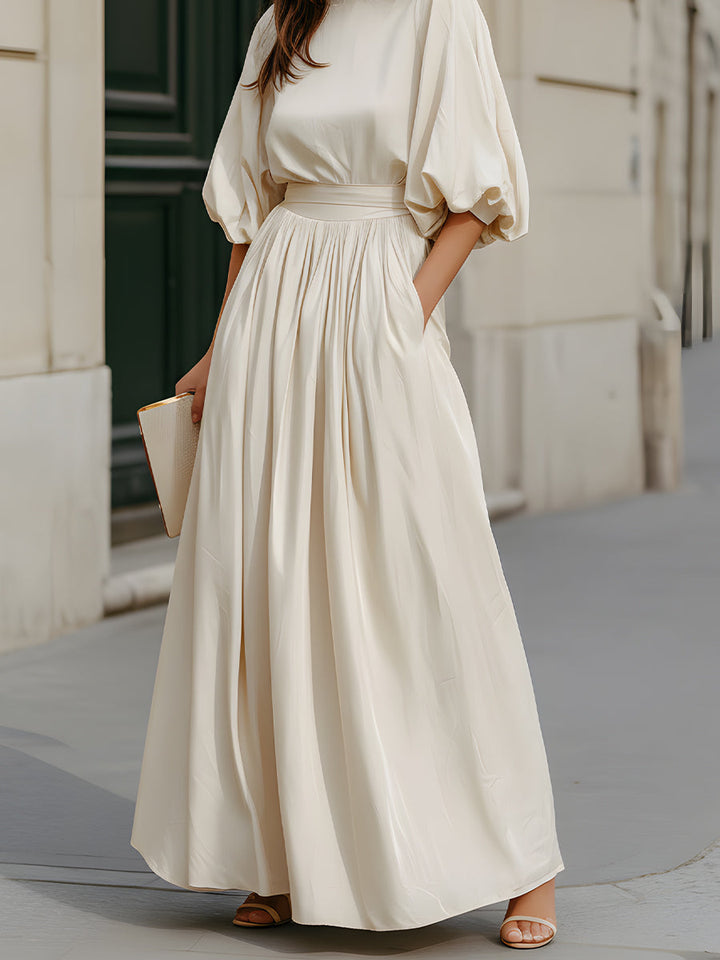 Muse & Valeur | Round Neck Puff Sleeve Gathered Waist Maxi Dress