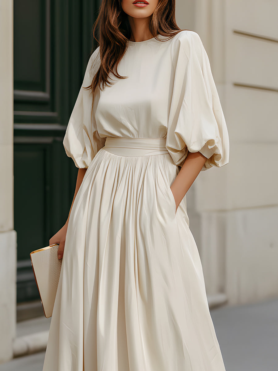 Muse & Valeur | Round Neck Puff Sleeve Gathered Waist Maxi Dress