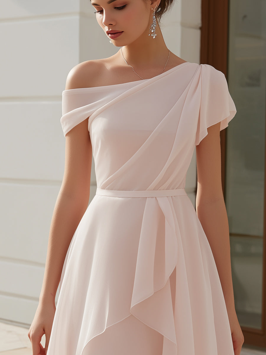 Muse & Valeur | One-Shoulder Draped Chiffon A-Line Mini Dress