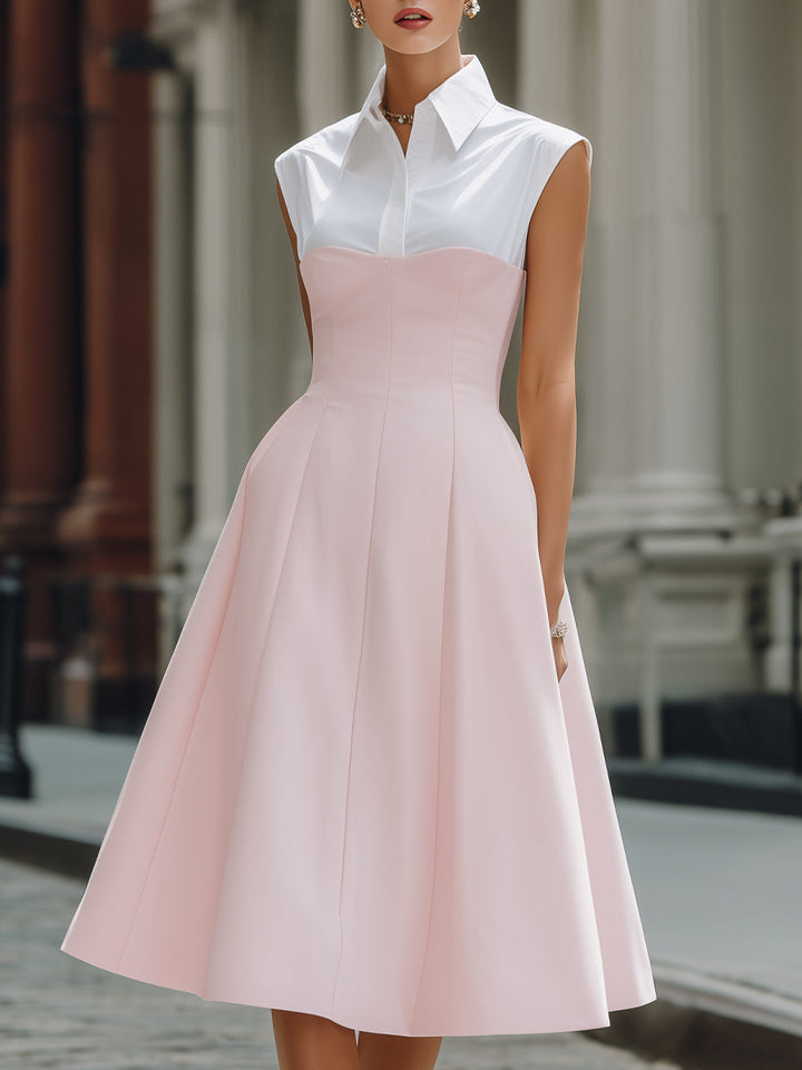 Muse & Valeur | Structured Shirt-Collar Contrast Panel A-Line Midi Dress