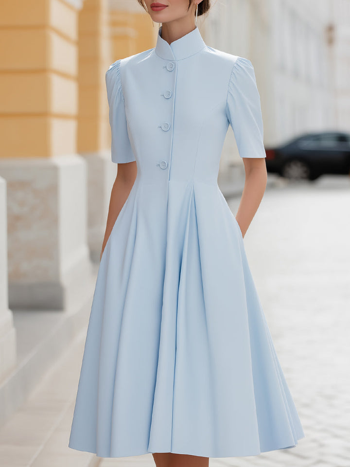 Muse & Valeur | Stand Collar Button-Front Pleated A-Line Midi Dress