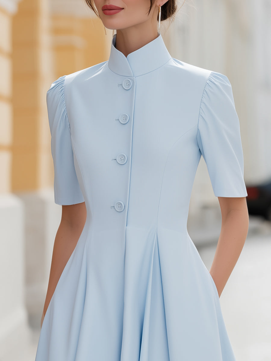 Muse & Valeur | Stand Collar Button-Front Pleated A-Line Midi Dress