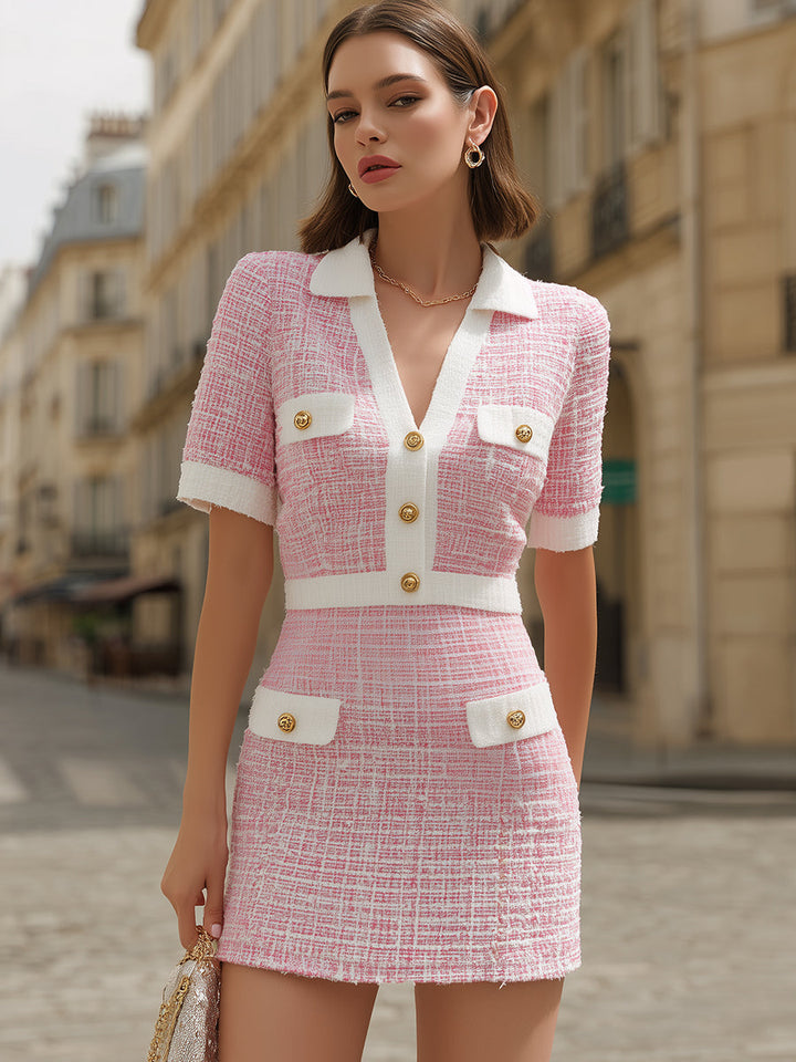 Muse & Valeur | Pink & White Tweed Mini Dress With Gold Buttons
