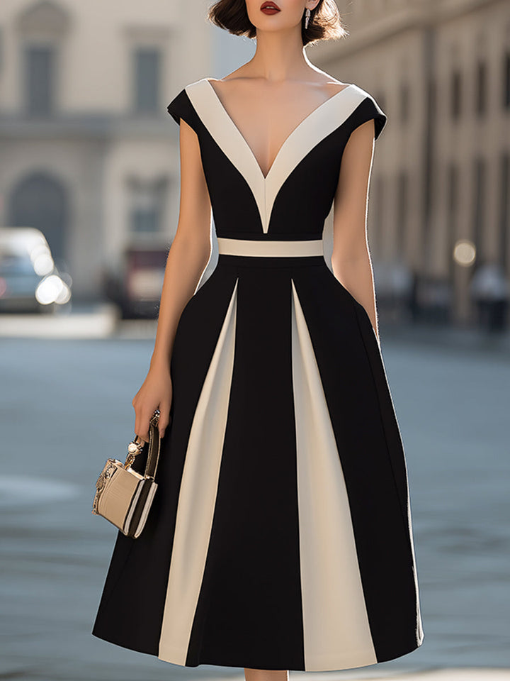 Muse & Valeur | Contrast Panel V-Neck A-Line Midi Dress