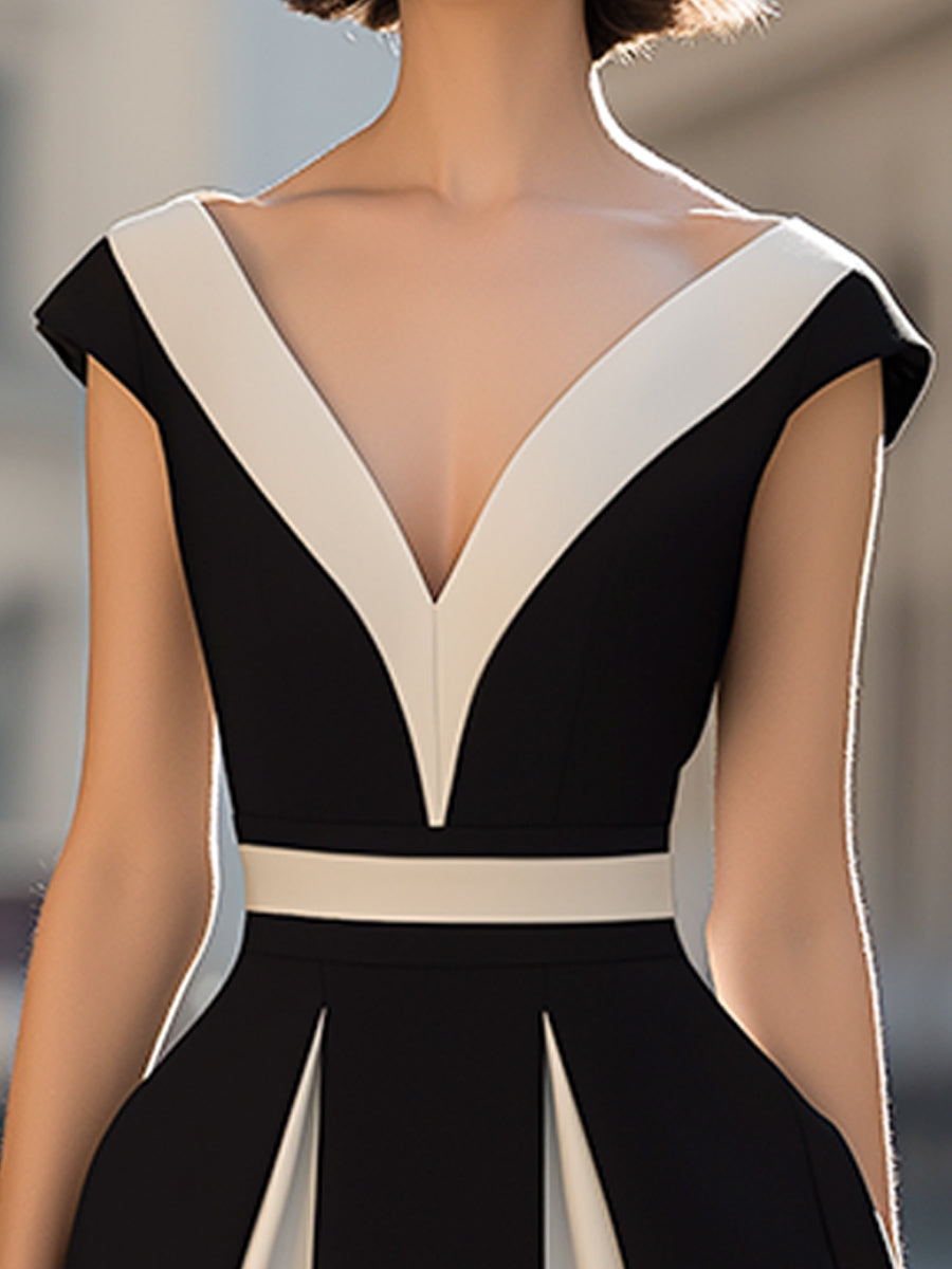 Muse & Valeur | Contrast Panel V-Neck A-Line Midi Dress