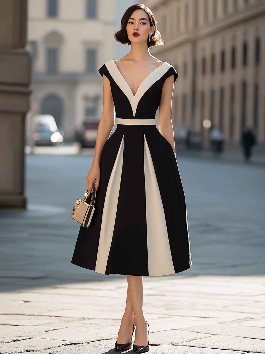 Muse & Valeur | Contrast Panel V-Neck A-Line Midi Dress